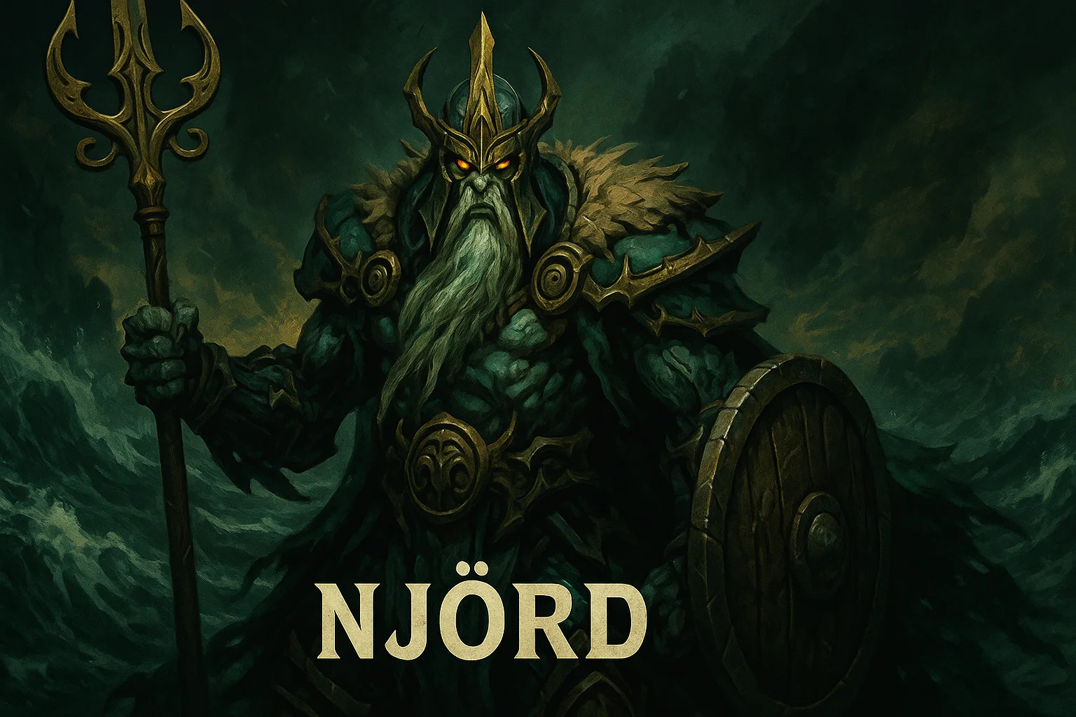 Illustration numérique du dieu nordique Njörd dans un style dark fantasy inspiré de Darksiders. Il apparaît comme un guerrier imposant à la peau bleu-vert, les yeux lumineux orange, coiffé d’un casque orné et vêtu d’une armure dorée. Il tient un trident dans une main et un bouclier rond dans l’autre, debout au cœur d’une mer en furie, avec un ciel orageux en arrière-plan.
