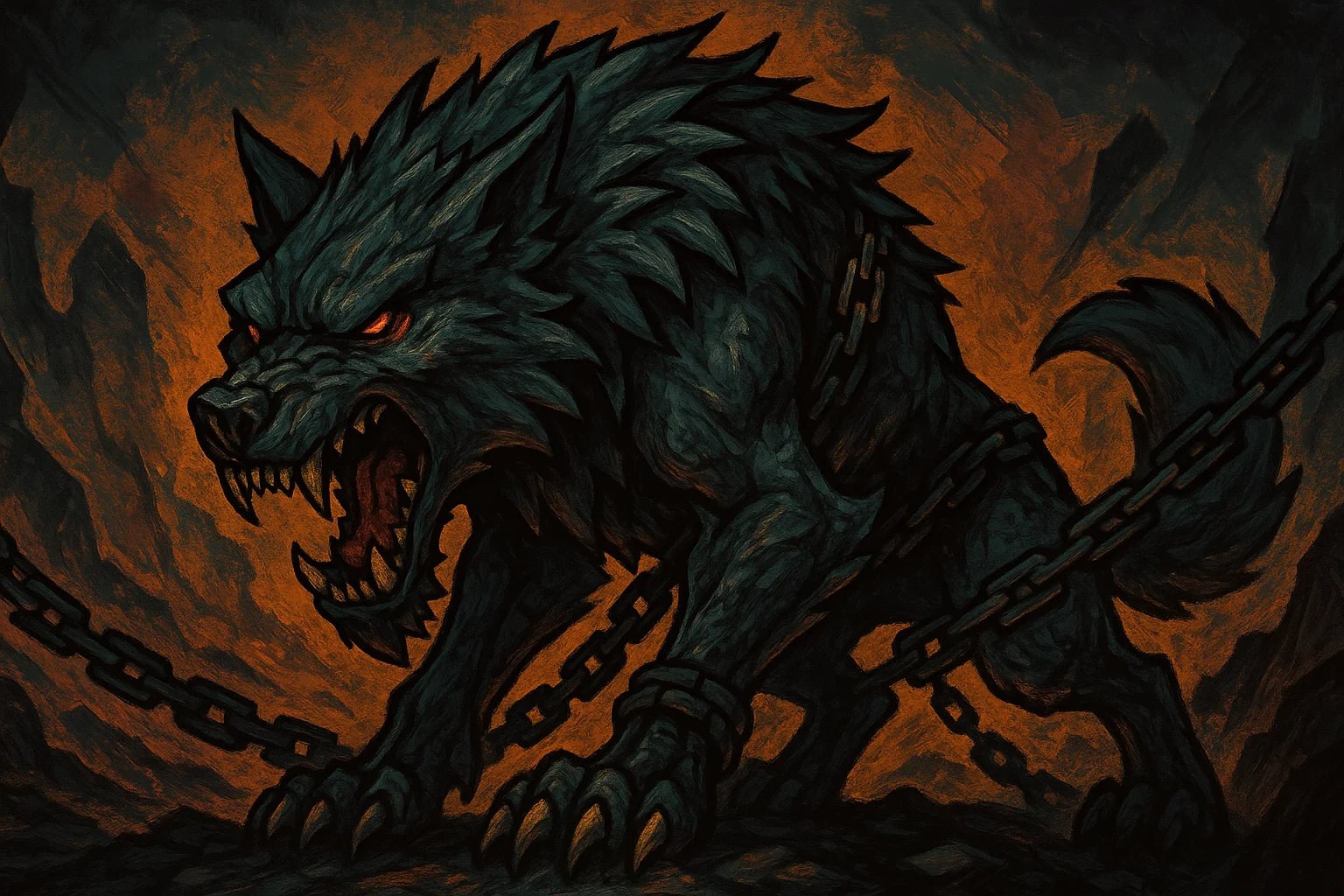 Fenrir, loup géant de la mythologie nordique, fils de Loki