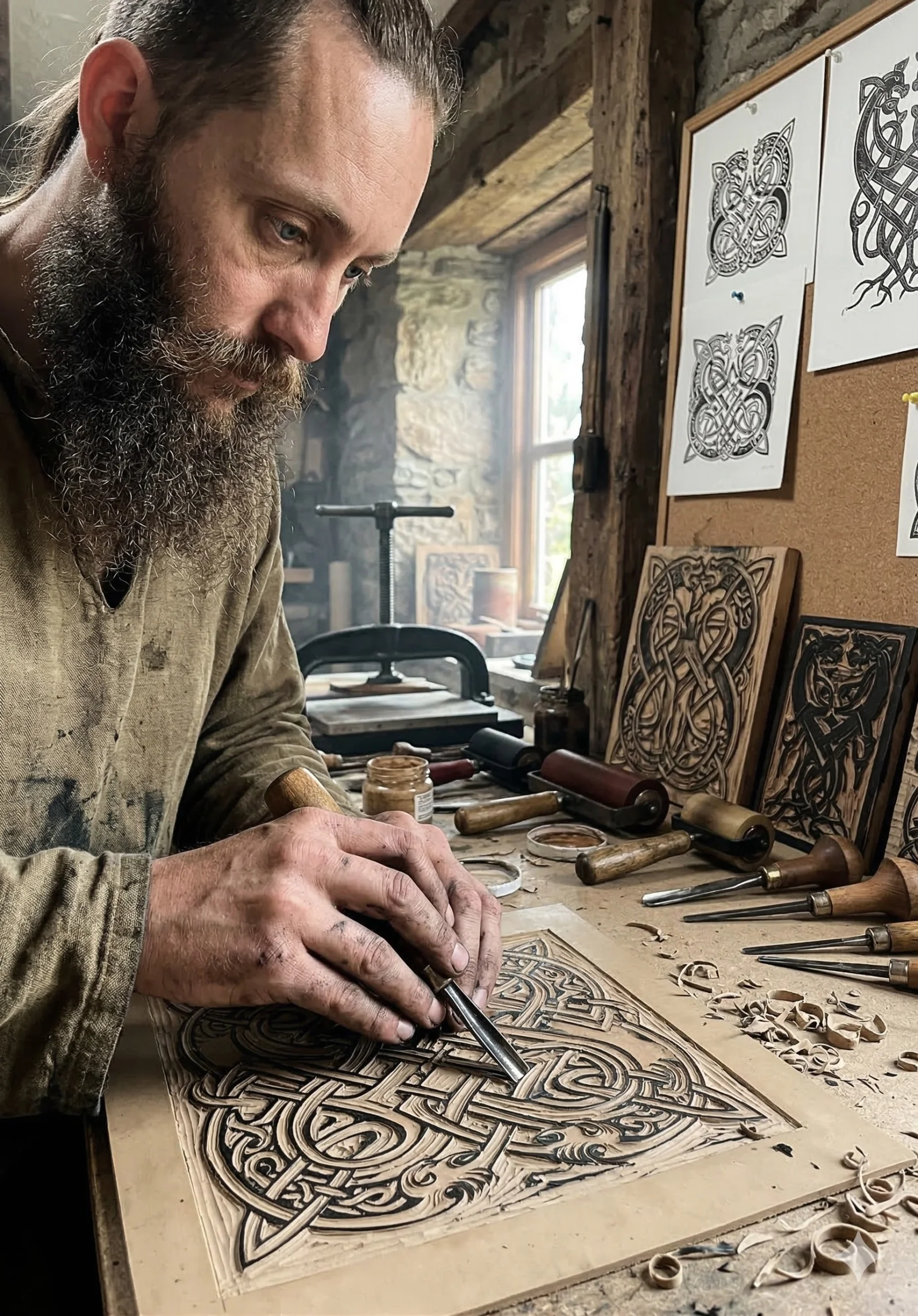 Kevin Guegan — Artisan linograveur Scarlet Wolf dans son atelier