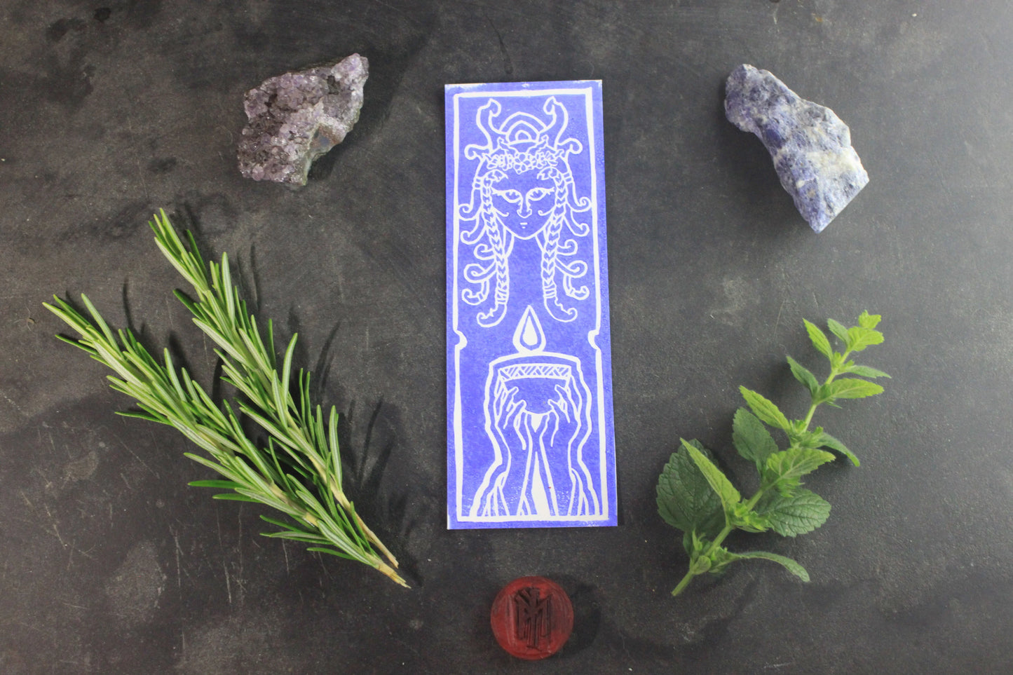 marque page linogravé de Sigyn version bleu 